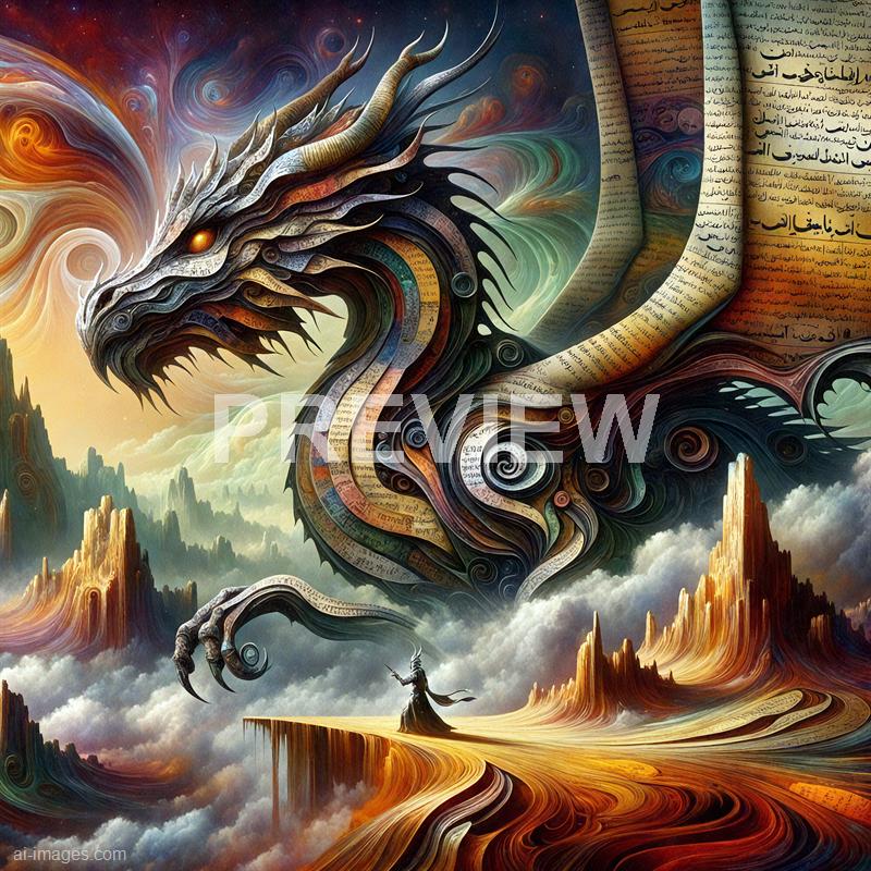 The image depicts an enormous, fantastical dragon composed of swirling, intricately detailed patterns that resemble pages of a manuscript filled with Arabic script. The dragon's head is majestic with glowing eyes and long, sharp horns, set against a vibrant, swirling sky with warm hues of orange, yellow, and purple. Below, a lone figure dressed in dark robes stands on a floating, golden landmass, appearing to summon or confront the mighty creature amid towering, jagged mountain formations floating in the clouds.